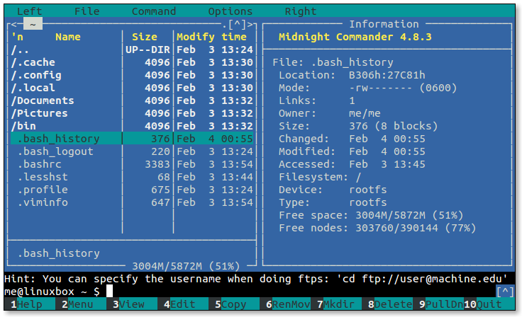 Directory panel in information mode